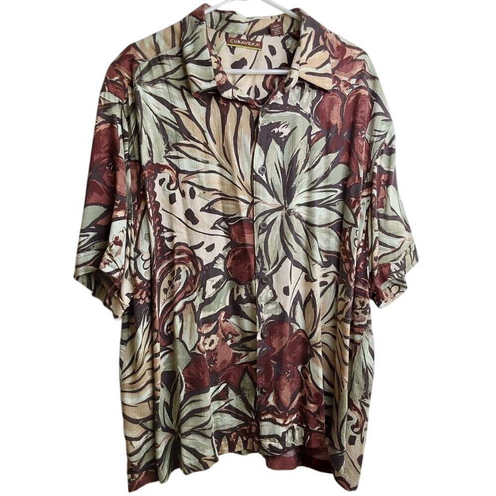 Cubavera Mens XXL Short Sleeve Button Down Shirt Tropical Floral Rayon Brown Tan
